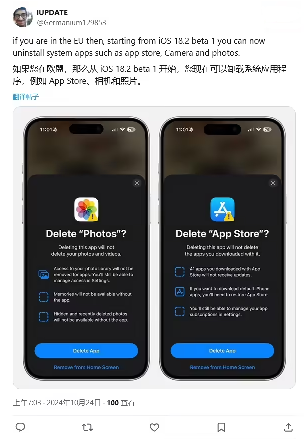 东城街道苹果手机维修分享iOS 18.2 支持删除 App Store 应用商店 